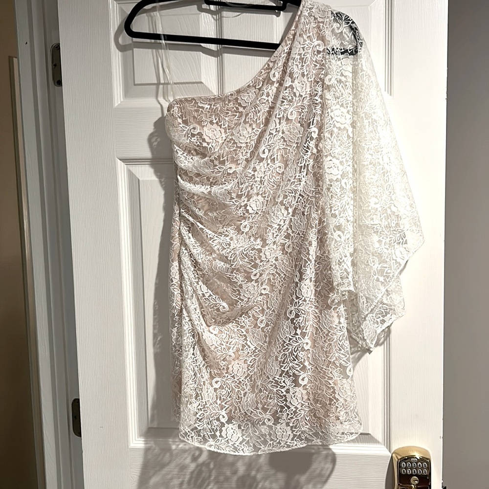 Size 7/8 white and beige one shoulder Hailey Logan by Adrianna Papell dress